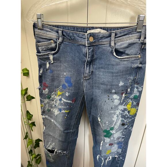 Zara Distressed Paint Splattered Light Wash Womans Jeans SZ4 - Picture 1 of 6
